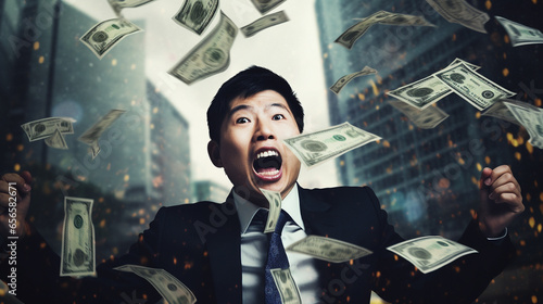 Funny asian businessman screaming with money photo