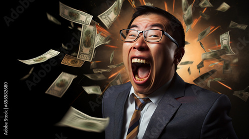 Funny asian businessman screaming with money photo