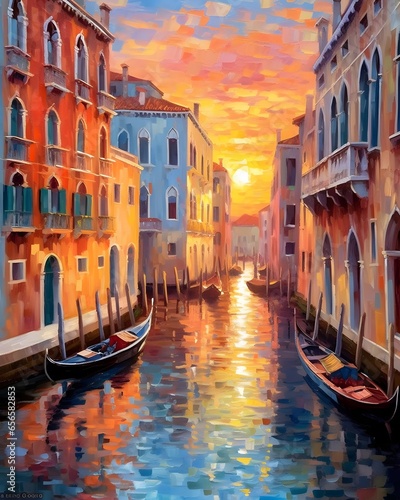 Digital painting of Venice canal with gondolas at sunset, Italy