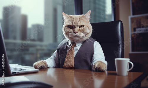 Dapper feline in a stylish suit sits working at an office desk. photo