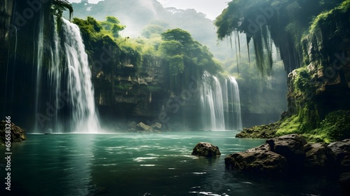 Panoramic view of beautiful waterfall in tropical forest. Panorama