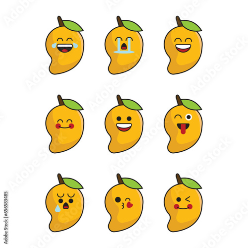 Vector set of fruit emoticons. Cute mango emoji with face.