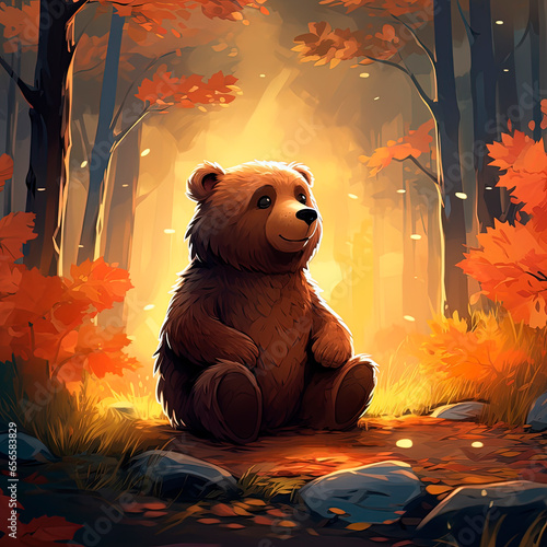 A cute bear sitting in the middle of an autumn forest. Generative AI