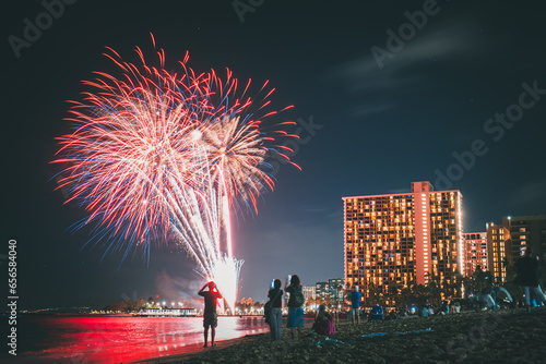 Fireworks over Waikiki on Oahu, Hawaii