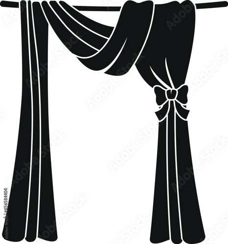 Cartoon Black and White Illustration Vector Of A Decorated Open Curtain and Rail