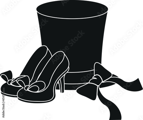 Cartoon Black and White Illustration Vector Of A Pair of High Heeled Stilettos Next to Carrying Box 