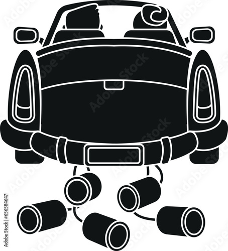 Cartoon Black and White Illustration Vector Of A Newly Wed Couple Driving Off in a Car with Cans Tied to the Back