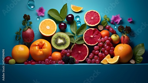 Composition with variety of fruits on blue background. Balanced diet.