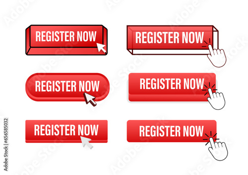 Register now Button with pointer clicking. Register now web buttons set. User interface element in flat style. Vector stock illustration