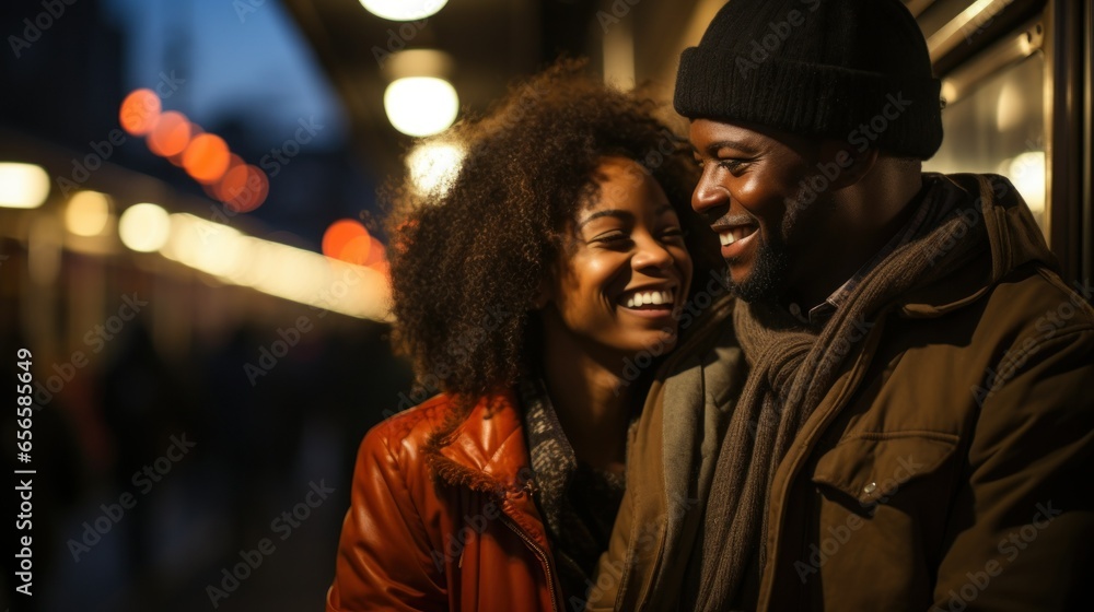 Laughing young African American couple walking down the street