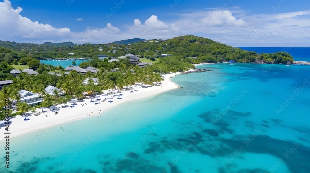 Aerial panorama of beautiful tropical beach with turquoise water