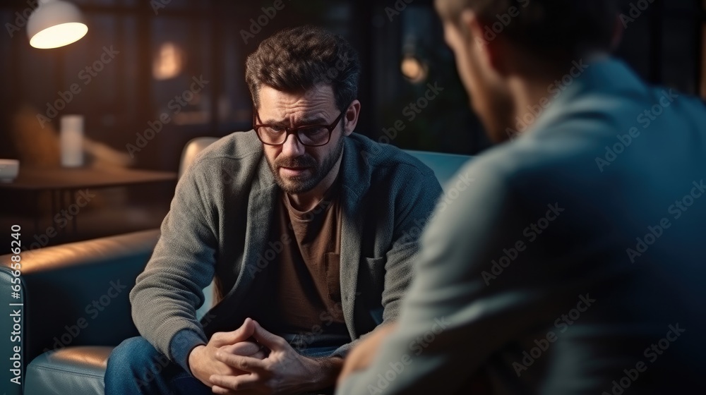 man with mental health problems is consulting. psychiatrist is recording the patient's condition for treatment. encouragement, love and family problem, bipolar , depression patient, protect suicide man with mental health problems is consulting. psychiatrist is recording the patient's condition for treatment. encouragement, love and family problem, bipolar , depression patient, protect suicide