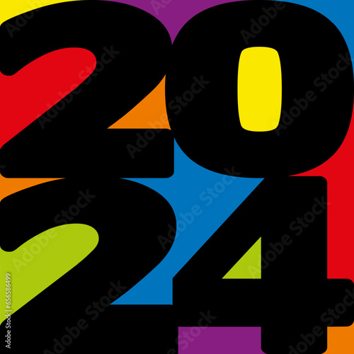 Carte de vœux originale et décorative, avec 2024 écrit en lettres noires sur un fond d’aplats multicolores, composé de rouge, de bleu, de jaune et de vert.