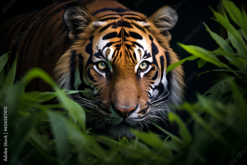Fototapeta premium A tiger's face peeks out from thick green leaves. It looks curious and hidden, blending a bit with nature. Good for wildlife or nature themes a tiger peeks out of the green foliage