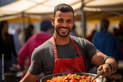 Young guy cooking at food market at the International Festival of the Sahara. photo