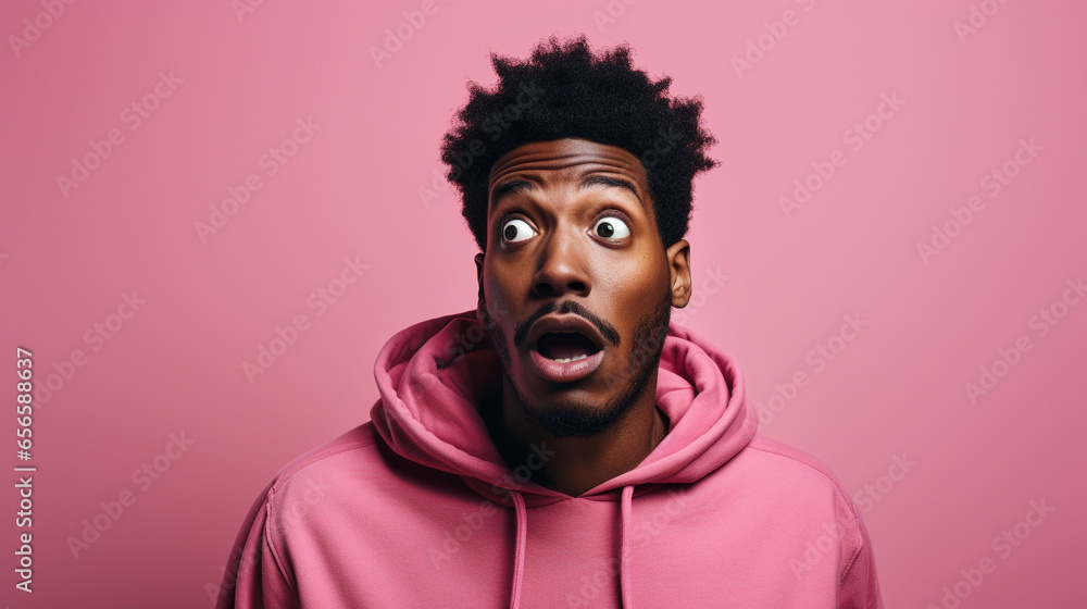 A black man doing a shocked look on tan background A black man doing a shocked look on tan background