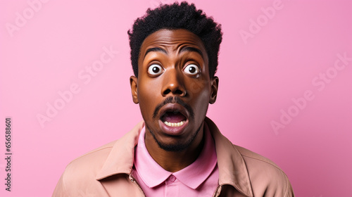 A black man doing a shocked look on tan background