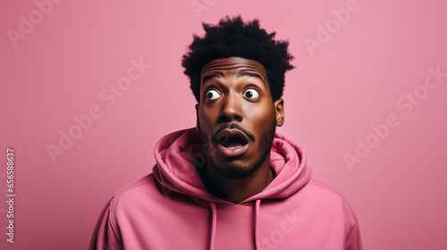 A black man doing a shocked look on tan background