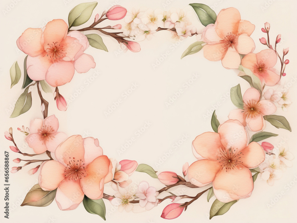 Wreath of delicate pink sakura cherry blossoms over a peach background. Warm colours with a peach orange tint.