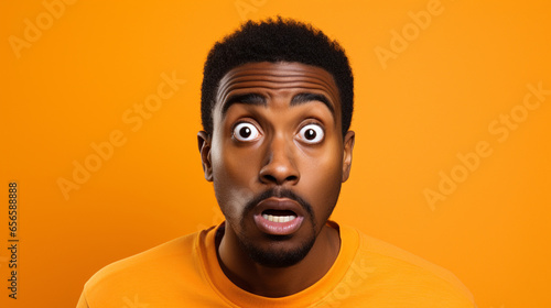 A black man doing a shocked look on tan background