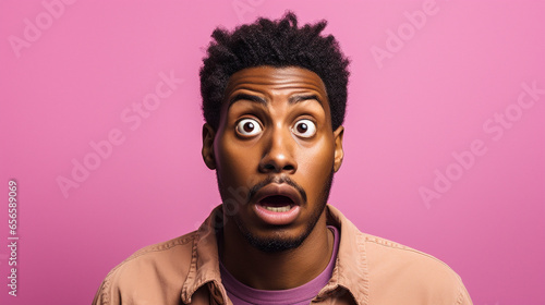 A black man doing a shocked look on tan background