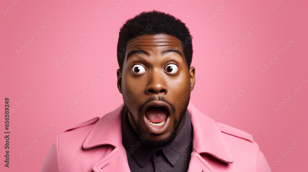 A black man doing a shocked look on tan background A black man doing a shocked look on tan background