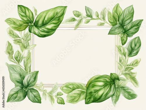 Watercolour background illustration of vibrant basil leaves framing the edges of the image. Vintage art style.