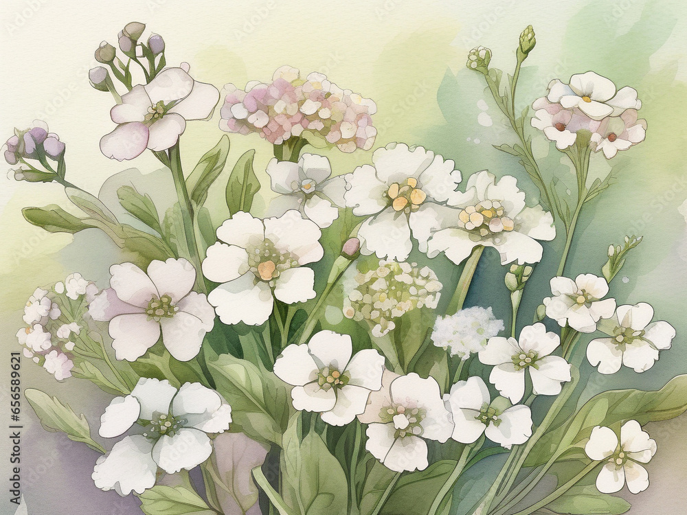 Close-up of soft and romantic white Alyssums on a soft green background. Watercolor style 