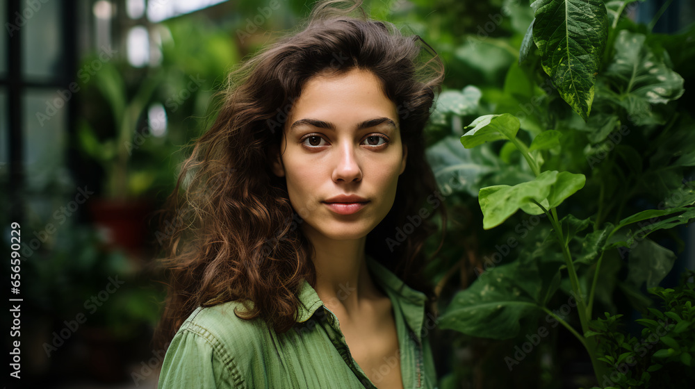 a woman explores an urban garden, her fascinated expression and the lush greenery around her symbolizing the coexistence of nature and the built environment a woman explores an urban garden, her fascinated expression and the lush greenery around her symbolizing the coexistence of nature and the built environment