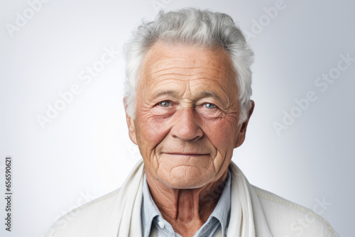 Imagen frontal de hombre mayor con sonrisa serena sobre fondo neutro. Copy space. photo