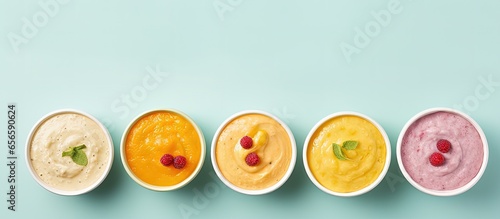 Colorful background with nutritious baby food in bowls with copyspace for text