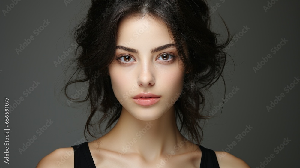 Young beautiful woman in front of a dark gray background Young beautiful woman in front of a dark gray background
