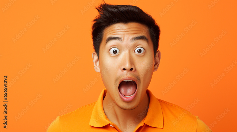 A asian man doing a shocked look on tan background A asian man doing a shocked look on tan background