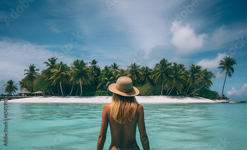 Girl in a hat in the blue water of the ocean in front of an island with palm trees and white sand.