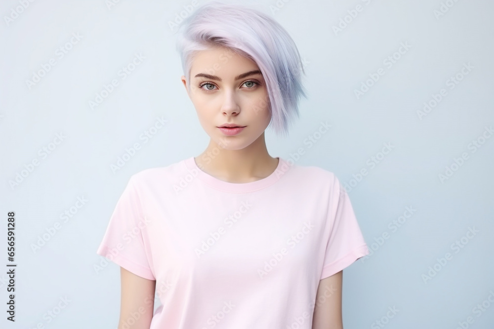 Fashion, lifestyles, make-up, commercials concept. Young and beautiful woman portrait wearing white t-shirt. Bright and muted colors, youth style. Blank white t-shirt with copy space. Generative AI Fashion, lifestyles, make-up, commercials concept. Young and beautiful woman portrait wearing white t-shirt. Bright and muted colors, youth style. Blank white t-shirt with copy space. Generative AI