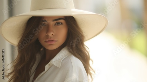 Young attractive woman in white hat posing outside © Mustafa
