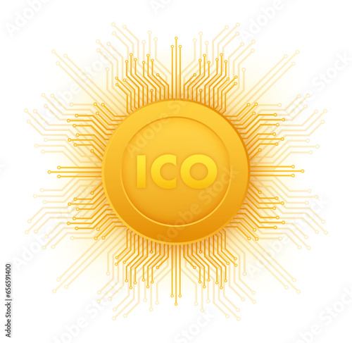 ICO, initial coin offering. ICO Token production process. Vector stock illustration