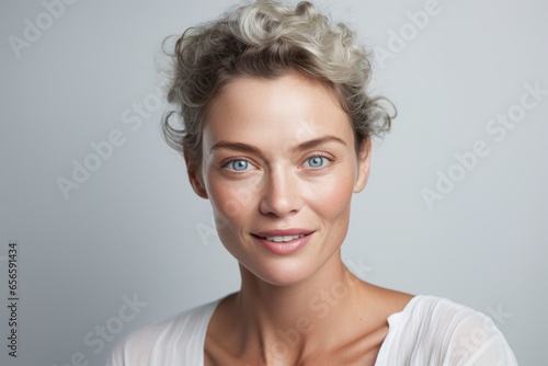 Retrato frontal de mujer adulta con sonrisa serena y piel limpia y tersa, isolado sobre fondo neutro. Serenidad. Copy space. photo