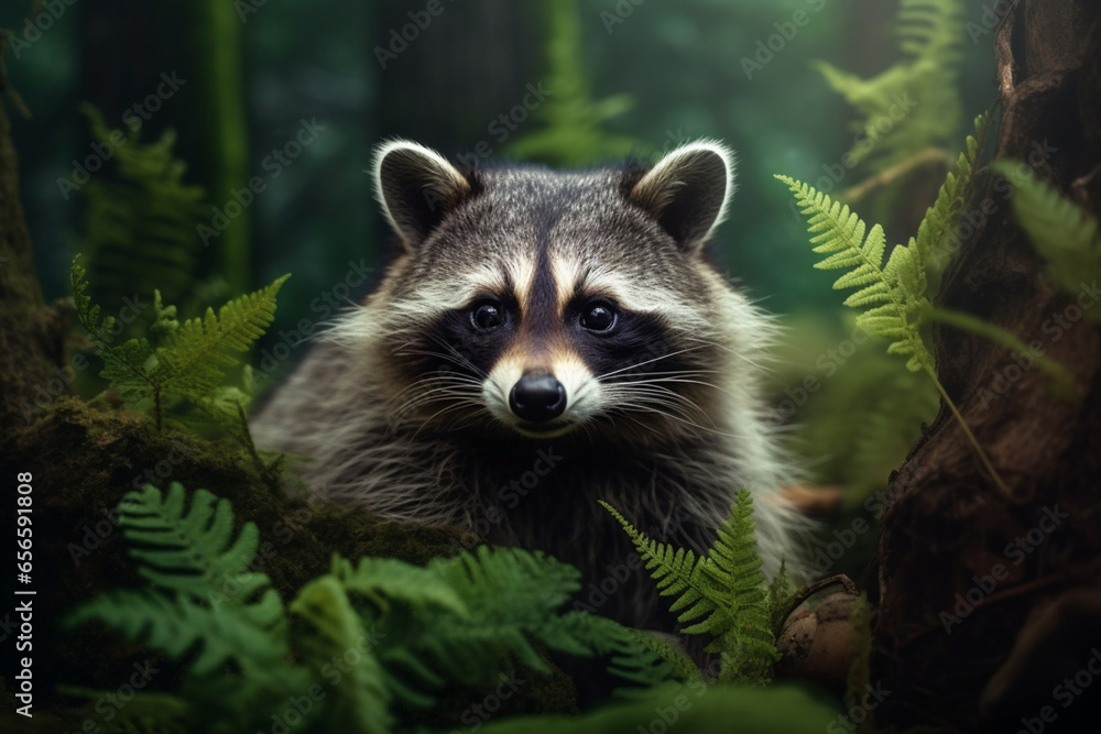 Cute raccoon in the woods. A raccoon in a wild environment among ferns. Cute raccoon in the woods. A raccoon in a wild environment among ferns.