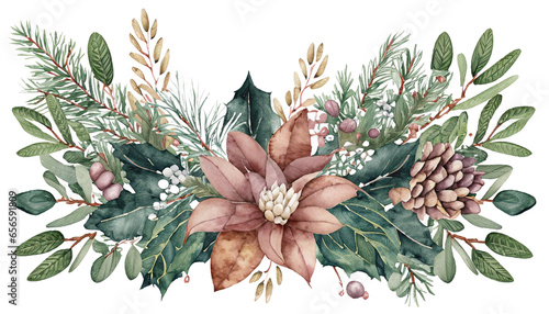 Watercolor Christmas leaves. Christmas wreath. Watercolor Christmas. Hand drawn winter decoration. Magnolia leaves, rosemary branches, fir, eucalyptus, holly and pine cones bouquet