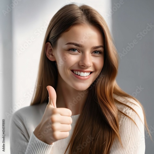 Wallpaper Mural Photo of lovely attractive young woman makes thumbs up gesture of approval. Thumbs up sign. Promoting product. Success. Good job. Approval. Agreement. Achieving. Plain background. Generative AI. Torontodigital.ca