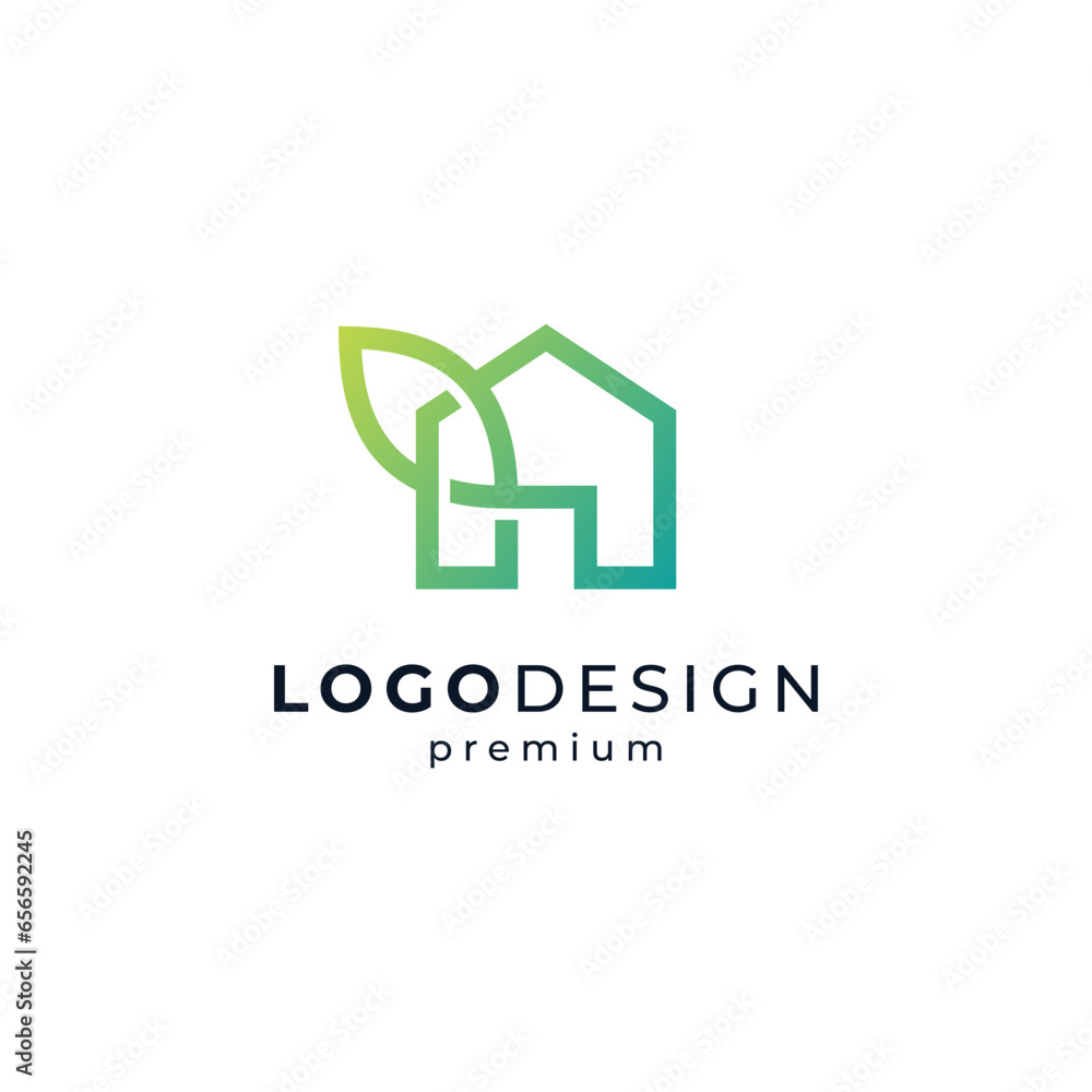 home and leaf with line art style for eco home, farm, botanical or agriculture logo design template home and leaf with line art style for eco home, farm, botanical or agriculture logo design template