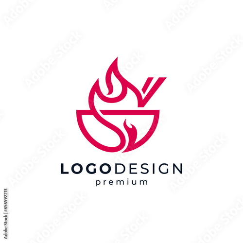 bowl and fire for noodle or spicy food logo design