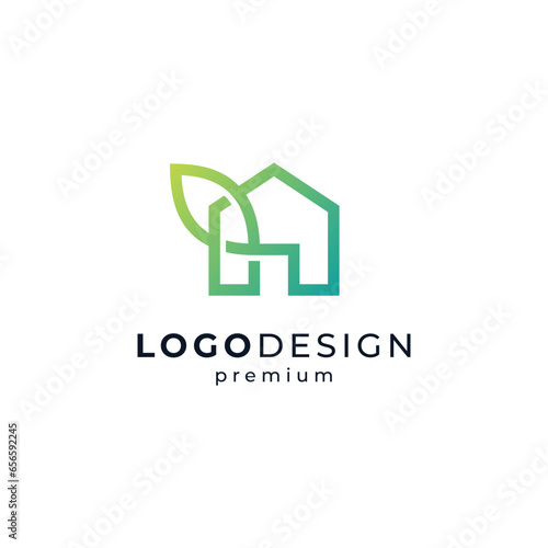 home and leaf with line art style for eco home, farm, botanical or agriculture logo design template
