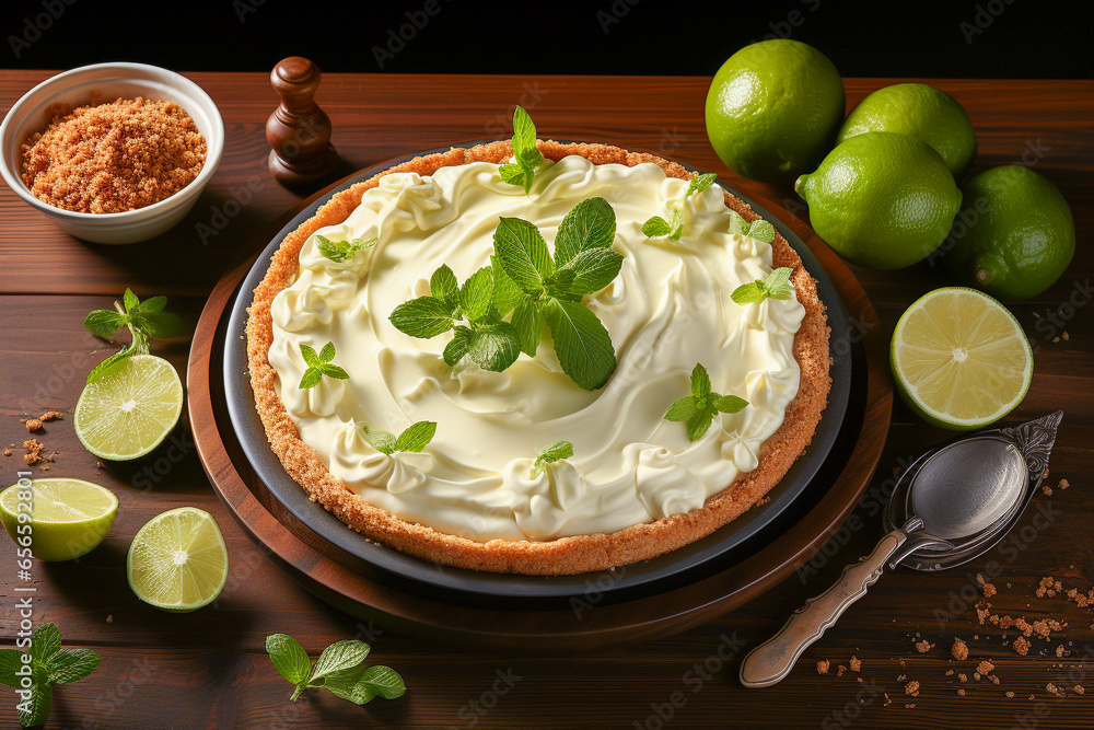 Key Lime Pie, American dessert pie on table , photo realistic, AI generated - obrazy, fototapety, plakaty 