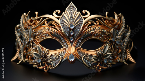 Theater Mask With Gold Threads And Diamonds. Illustration On The Theme Of Theater And Carnival, Objects And Decorations.  Generative AI © MICHAEL KUK