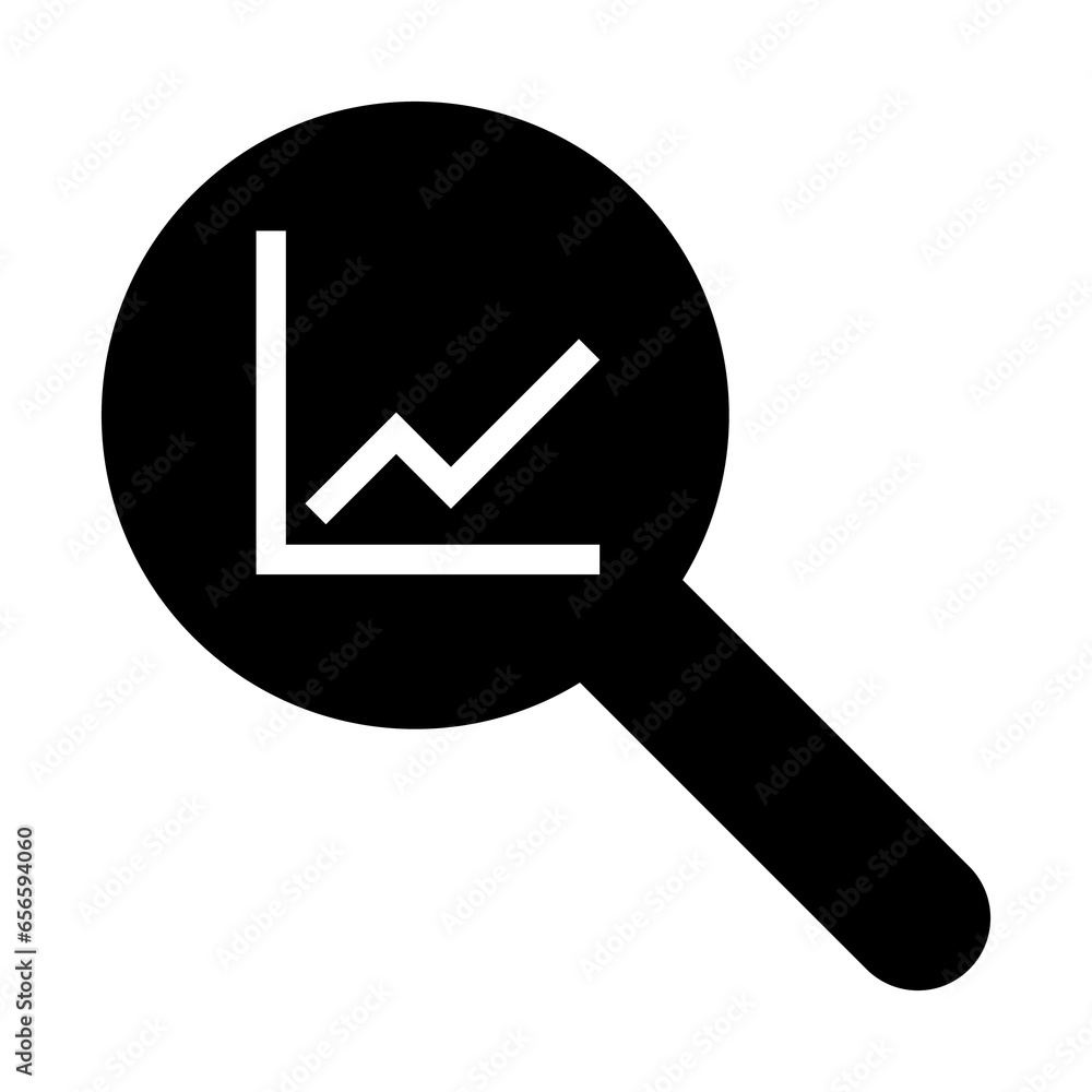 Black linear magnifier with growing charts and arrow vector icon. Graph analytics concept line design Black linear magnifier with growing charts and arrow vector icon. Graph analytics concept line design
