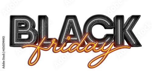 Photos Black Friday label in orange and black neon on transparent background in 3D Illu