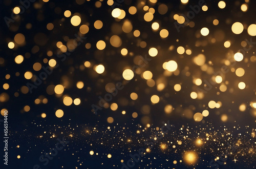 Golden particles on a dark blue bokeh abstract background. Christmas Golden light shining particles © FrameFinesse