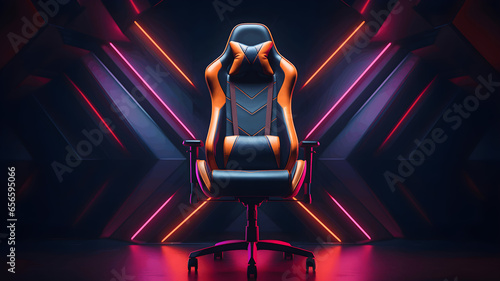 comfortable Gaming chair with neon lights and tech background